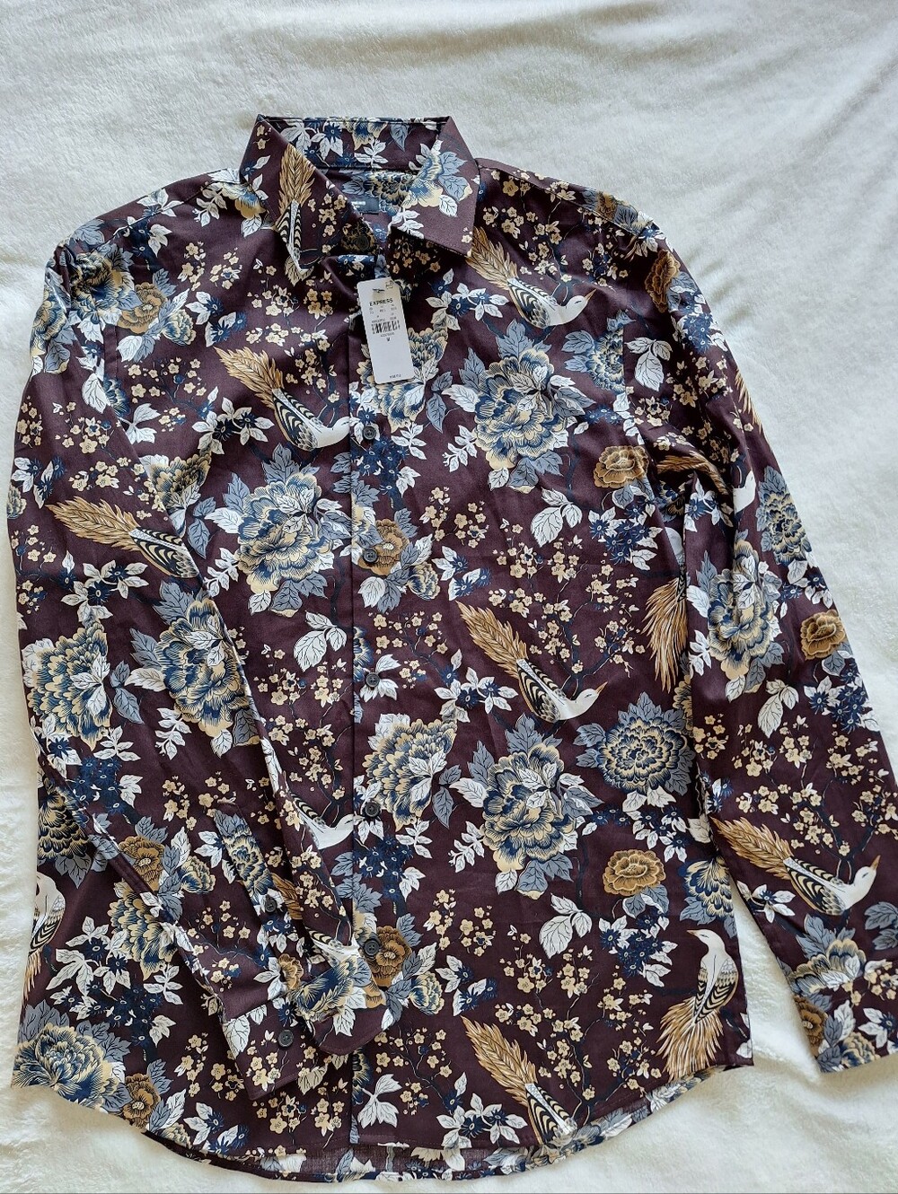Express Slim Fit Men's Floral Bird Print Stretch Shirt Size M NWT - Picture 2 of 9